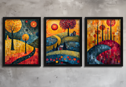Alternative view of Abstract Landscape Wall Art Set of 3 Prints Modern Tree Hill Artwork Colourful Scenic Home Décor
