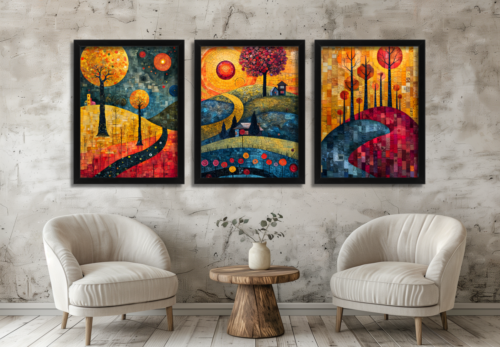 Abstract Landscape Wall Art Set of 3 Prints Modern Tree Hill Artwork Colourful Scenic Home Décor