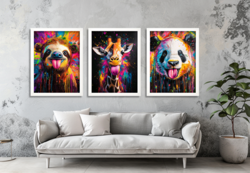 Colourful animal wall art set of three featuring a sloth, giraffe and panda with vibrant paint splashes and playful expressions White Framed