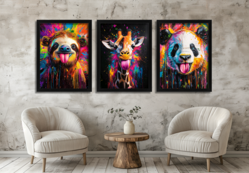 Colourful animal wall art set of three featuring a sloth, giraffe and panda with vibrant paint splashes and playful expressions Black Framed Artwork