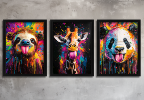 Colourful animal wall art set of three featuring a sloth, giraffe and panda with vibrant paint splashes and playful expressions Black Framed