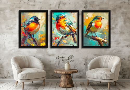 Colourful Bird Wall Art Set of 3 Prints Robin Artwork Vibrant Animal Decor Modern Nature Home Décor