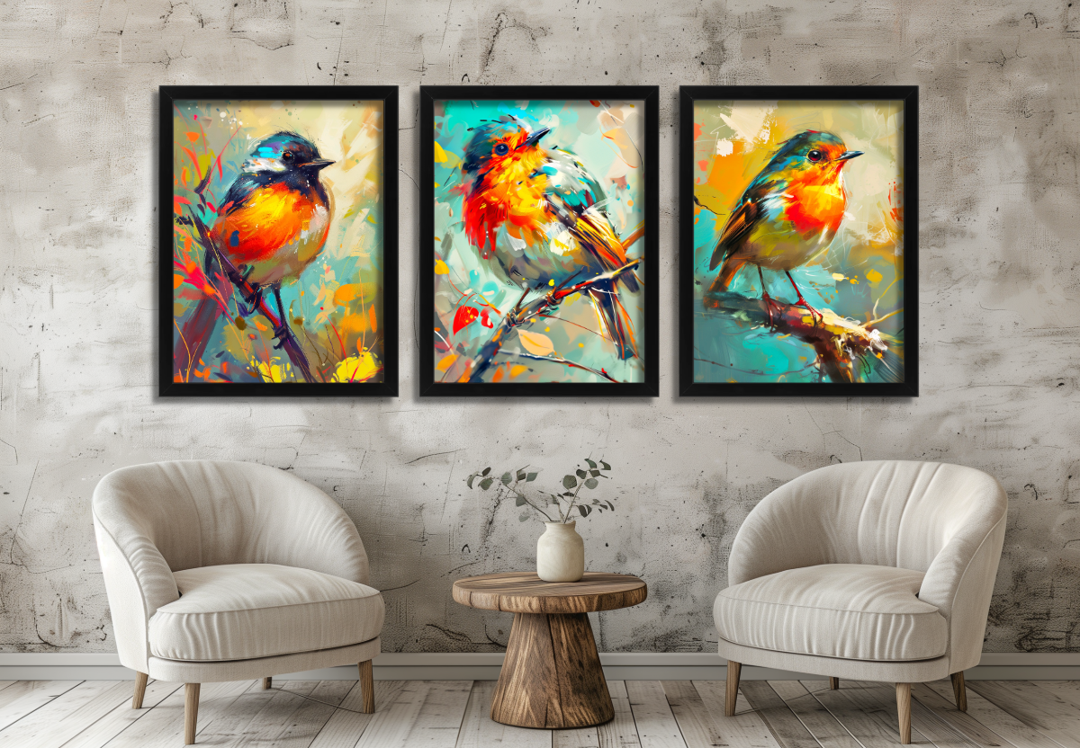 Colourful Bird Wall Art Set of 3 Prints Robin Artwork Vibrant Animal Decor Modern Nature Home Décor