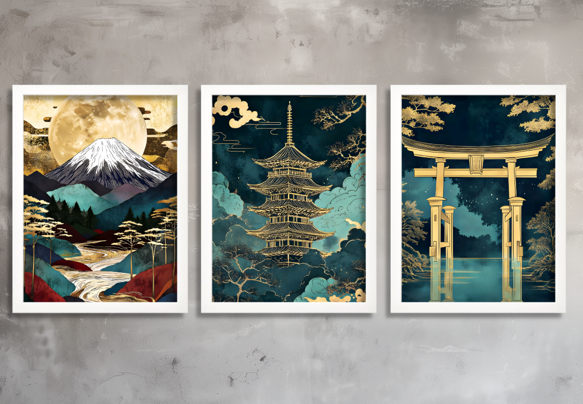 Japanese Wall Art Set of 3 Prints Asian Landscape Wall Art Mount Fuji Pagoda Torii Gate Japan Style Artwork - Image 4