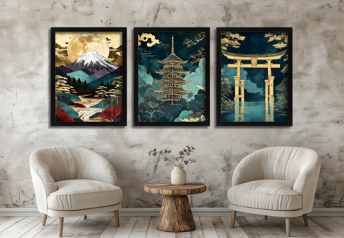Japanese Wall Art Set of 3 Prints Asian Landscape Wall Art Mount Fuji Pagoda Torii Gate Japan Style Artwork