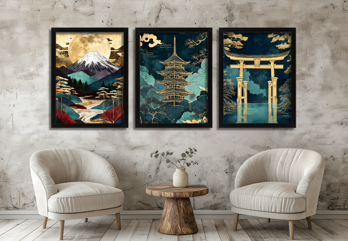 Japanese Wall Art Set of 3 Prints Asian Landscape Wall Art Mount Fuji Pagoda Torii Gate Japan Style Artwork