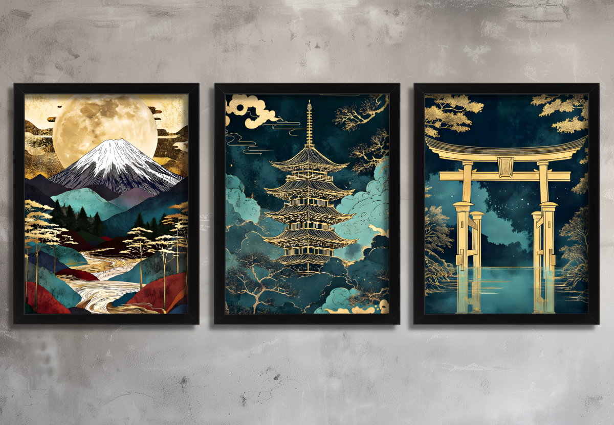Japanese Wall Art Set of 3 Prints Asian Landscape Wall Art Mount Fuji Pagoda Torii Gate Japan Style Artwork - Image 2