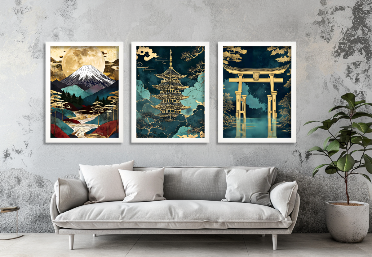 Japanese Wall Art Set of 3 Prints Asian Landscape Wall Art Mount Fuji Pagoda Torii Gate Japan Style Artwork - Image 3
