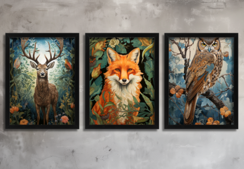 Alternative view of Woodland Animal Wall Art Set of 3 Framed Prints Deer, Fox & Owl Forest Poster Art Nature Wildlife Artwork Rustic Home Décor