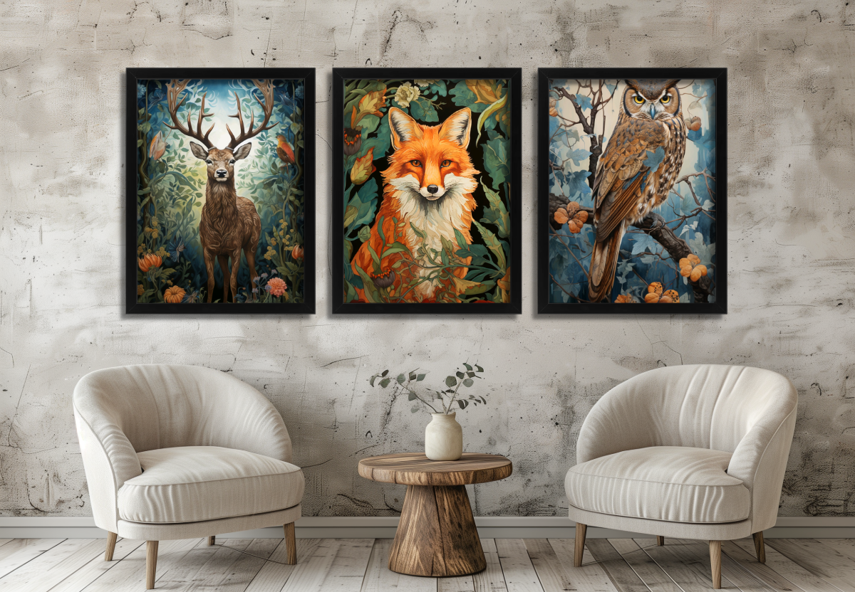 Woodland Animal Wall Art Set of 3 Framed Prints Deer, Fox & Owl Forest Poster Art Nature Wildlife Artwork Rustic Home Décor