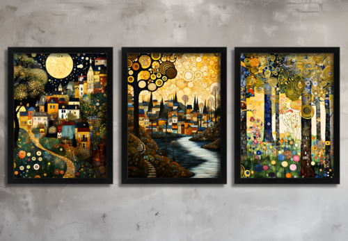 Alternative view of Abstract Landscape Wall Art Set of 3 Framed Prints Colourful Village, River & Forest Modern Artwork Vibrant Home Décor