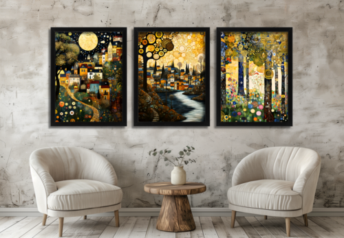 Abstract Landscape Wall Art Set of 3 Framed Prints Colourful Village, River & Forest Modern Artwork Vibrant Home Décor