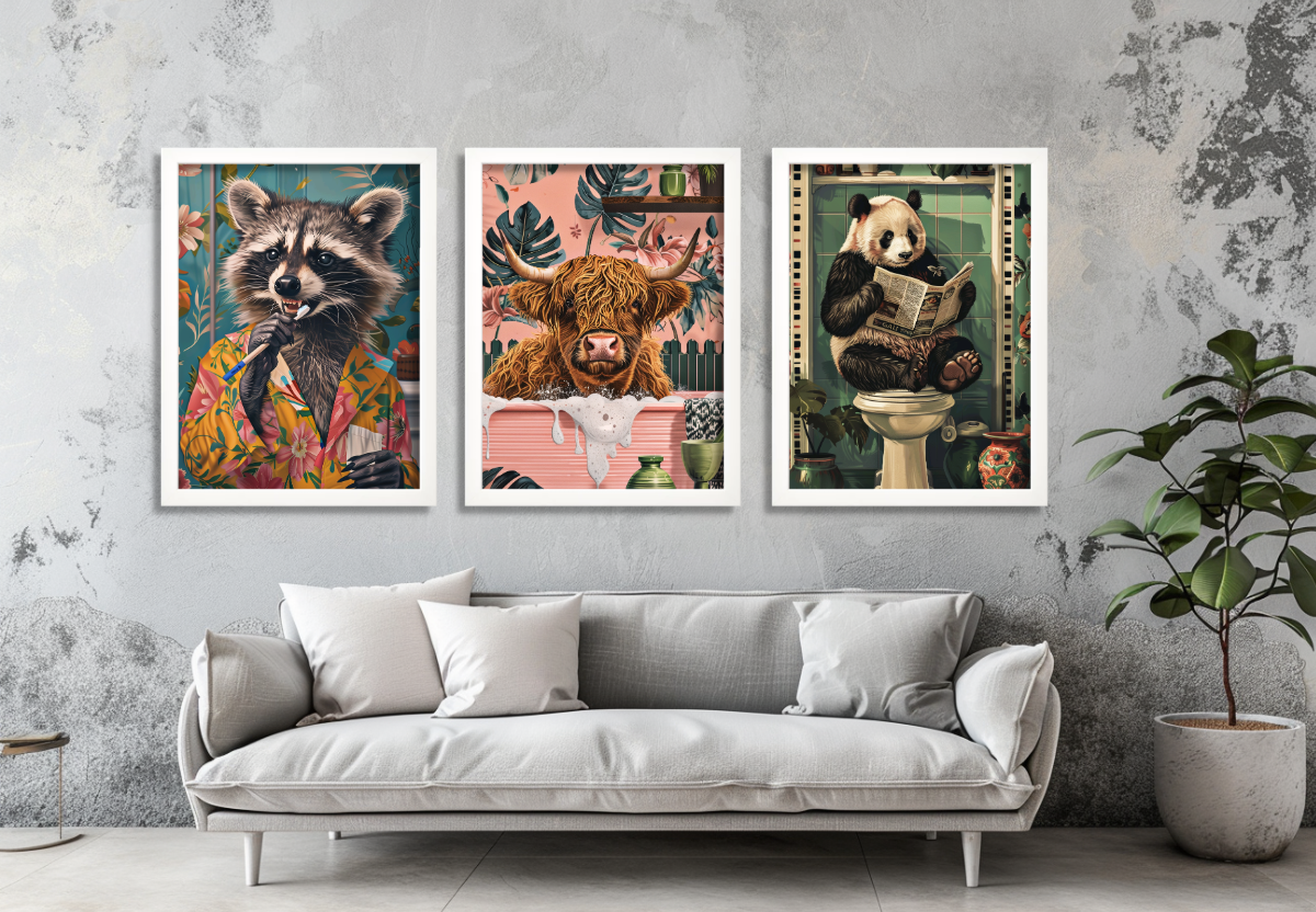 Funny Animal Bathroom Wall Art Set – Raccoon, Highland Cow & Panda 3 Prints - Image 3