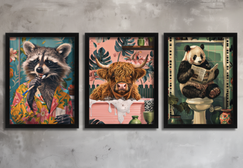 Alternative view of Funny Animal Bathroom Wall Art Set – Raccoon, Highland Cow & Panda 3 Prints