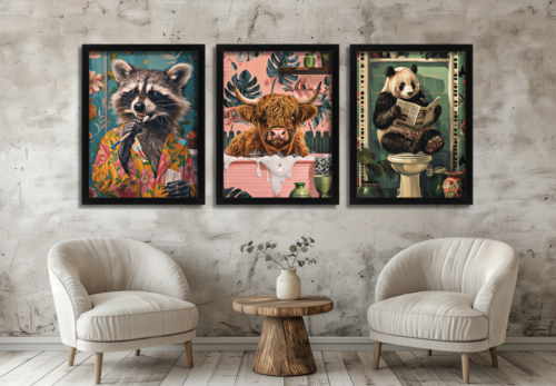 Funny Animal Bathroom Wall Art Set – Raccoon, Highland Cow & Panda 3 Prints