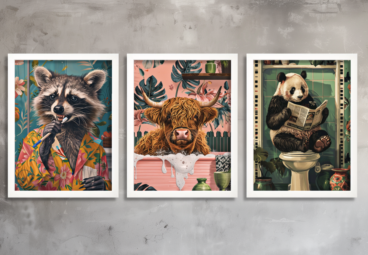 Funny Animal Bathroom Wall Art Set – Raccoon, Highland Cow & Panda 3 Prints - Image 4