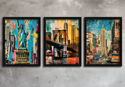 Alternative view of New York Wall Art Statue of Liberty, Brooklyn Bridge & NYC Street Urban Cityscape Set of 3 Prints