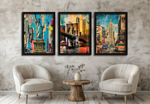 New York Wall Art Statue of Liberty, Brooklyn Bridge & NYC Street Urban Cityscape Set of 3 Prints